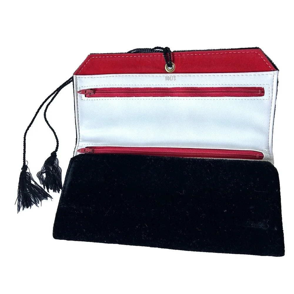Vintage Rolfs Velvet Jewelry Travel Organizer Tri-Fold Roll Black Tassel EUC